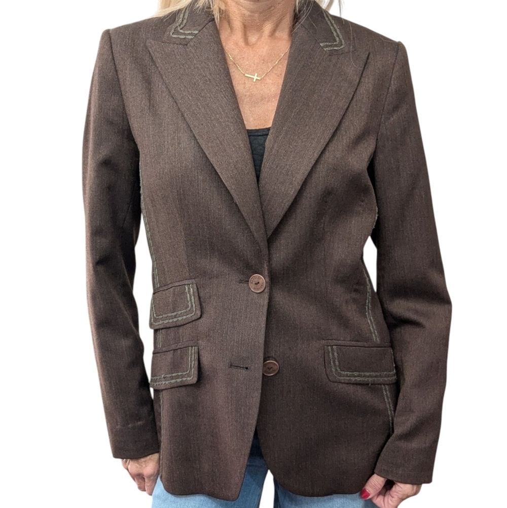 Badgley Mischka Wool Blazer 8 Brown Contrast Stitch Tailored Jacket